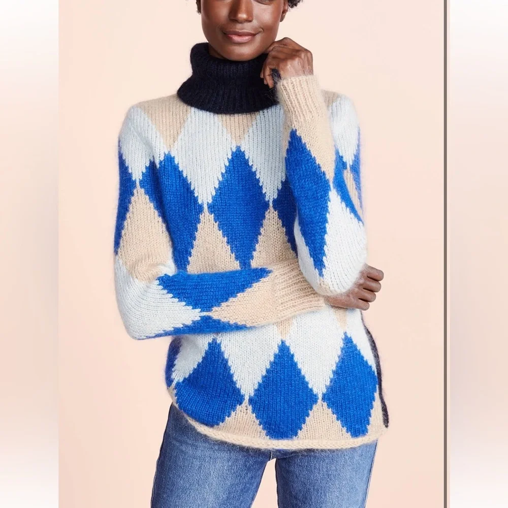 Tory‎ Burch Libby Argyle Turtleneck Diamond Color block Blue Beige Size Large